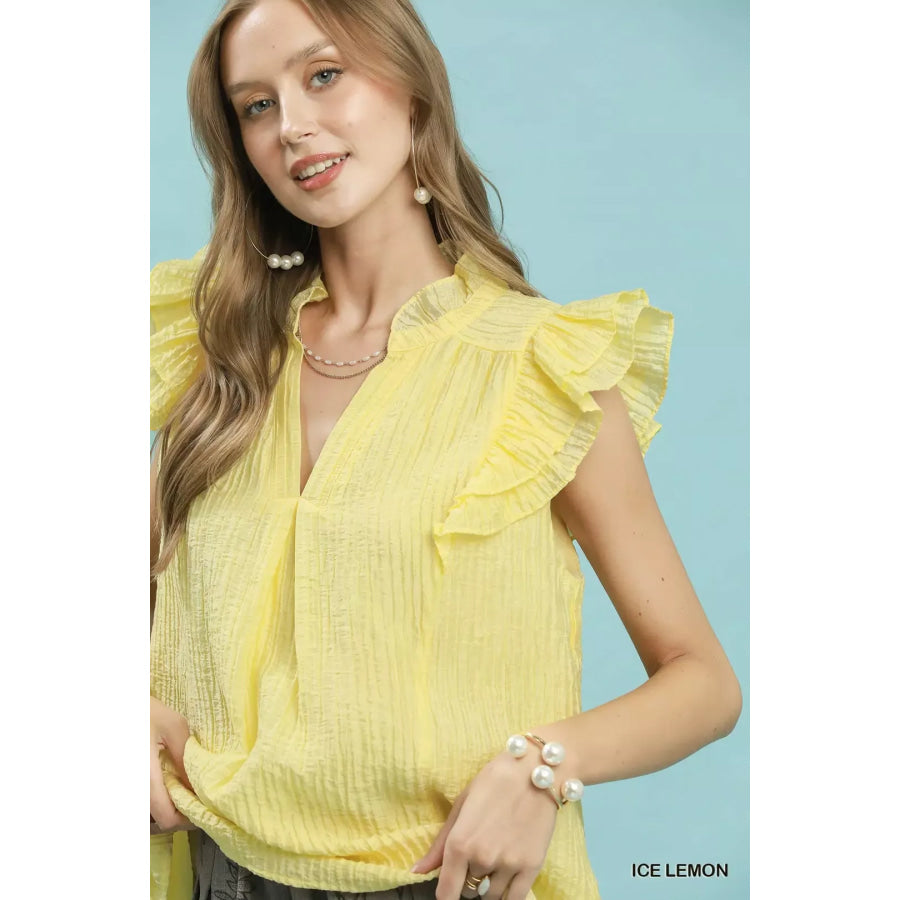 Umgee Textured Ruffle Sleeve Split V Neck Top Apparel and Accessories