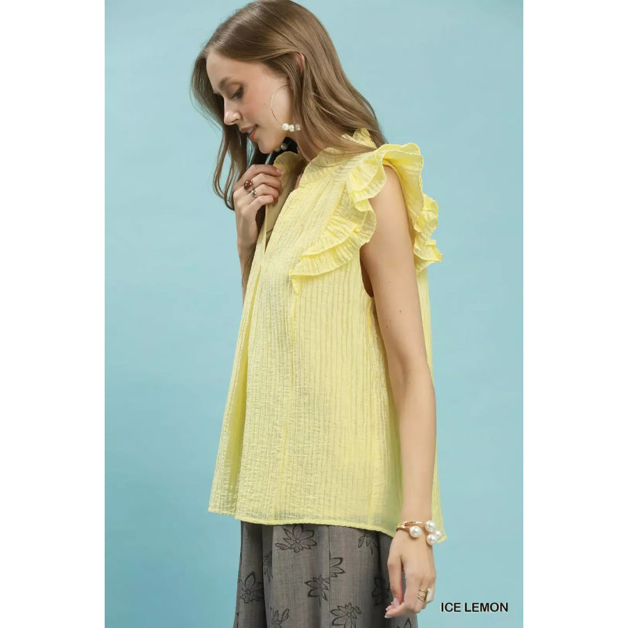 Umgee Textured Ruffle Sleeve Split V Neck Top Apparel and Accessories