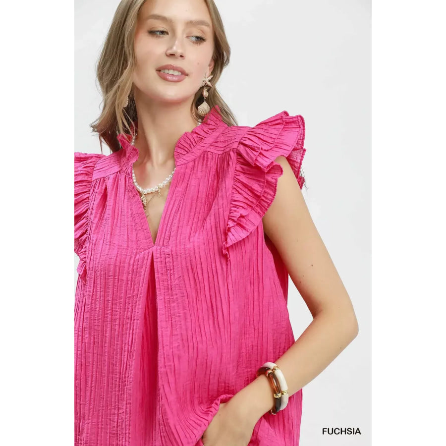 Umgee Textured Ruffle Sleeve Split V Neck Top Apparel and Accessories
