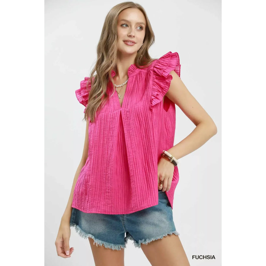 Umgee Textured Ruffle Sleeve Split V Neck Top FUCHSIA / S Apparel and Accessories