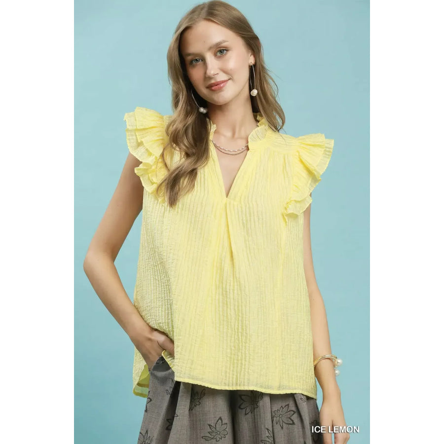 Umgee Textured Ruffle Sleeve Split V Neck Top ICE LEMON / S Apparel and Accessories