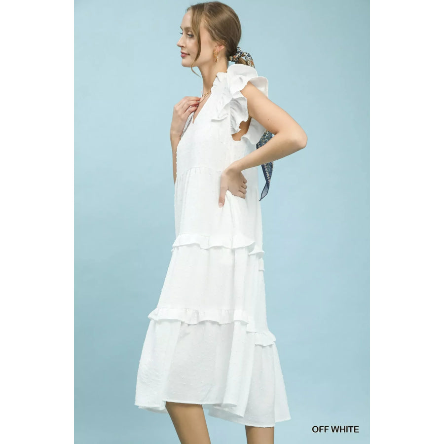 Umgee Textured Ruffle Sleeve Tiered Midi Dress OFF WHITE / S Apparel and Accessories