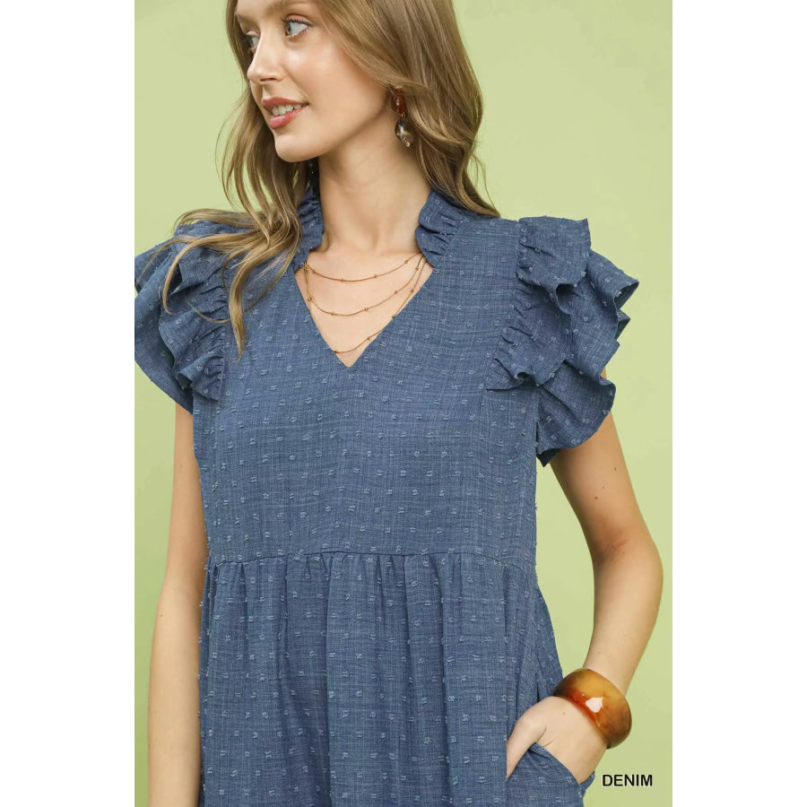 Umgee Textured Ruffle Sleeve Tiered Midi Dress Apparel and Accessories