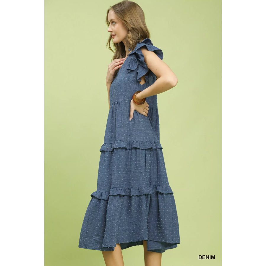 Umgee Textured Ruffle Sleeve Tiered Midi Dress Apparel and Accessories