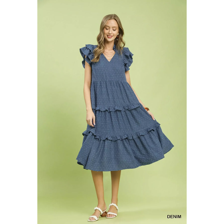 Umgee Textured Ruffle Sleeve Tiered Midi Dress Apparel and Accessories