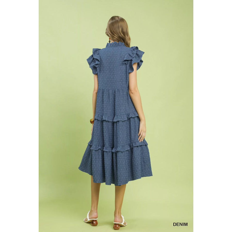 Umgee Textured Ruffle Sleeve Tiered Midi Dress Apparel and Accessories