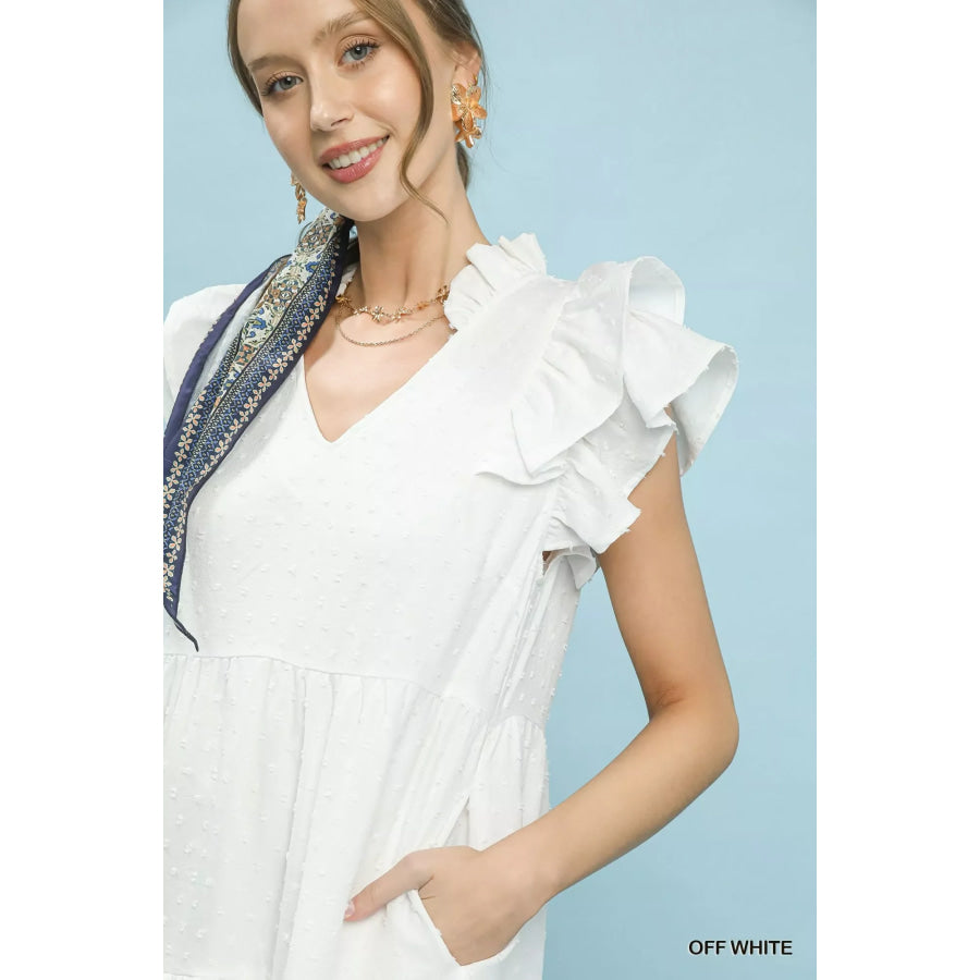 Umgee Textured Ruffle Sleeve Tiered Midi Dress Apparel and Accessories