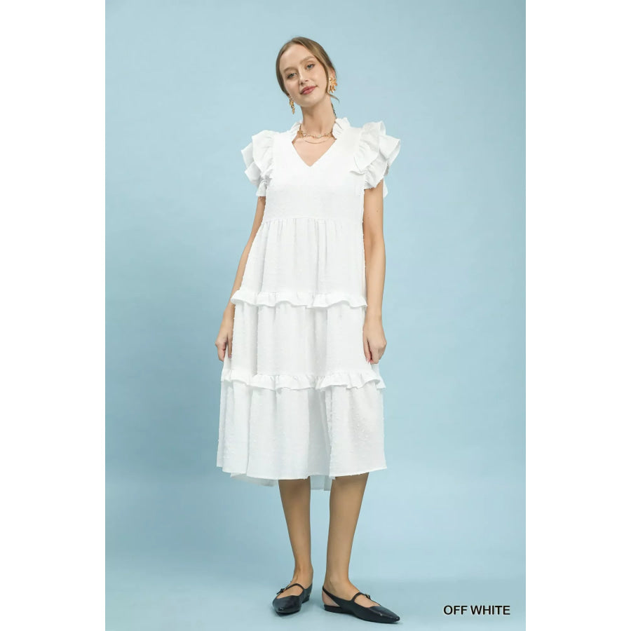 Umgee Textured Ruffle Sleeve Tiered Midi Dress Apparel and Accessories