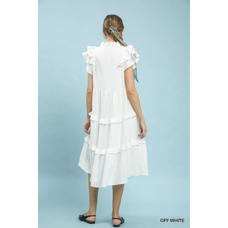 Umgee Textured Ruffle Sleeve Tiered Midi Dress Apparel and Accessories