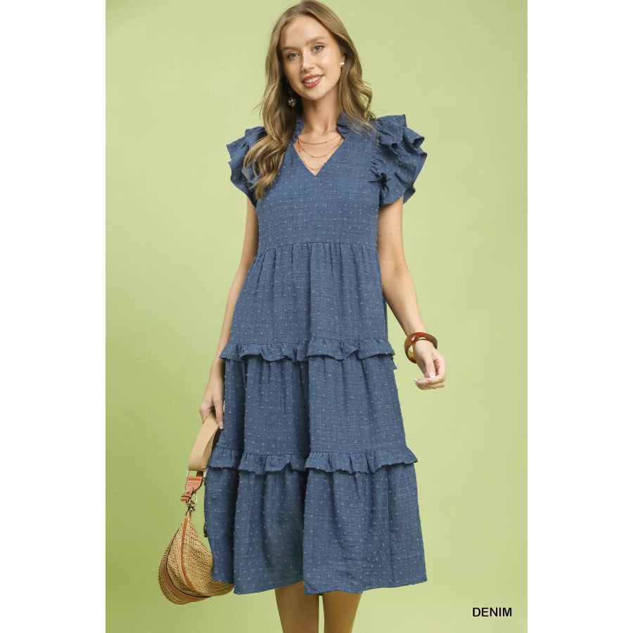 Umgee Textured Ruffle Sleeve Tiered Midi Dress DENIM / S Apparel and Accessories