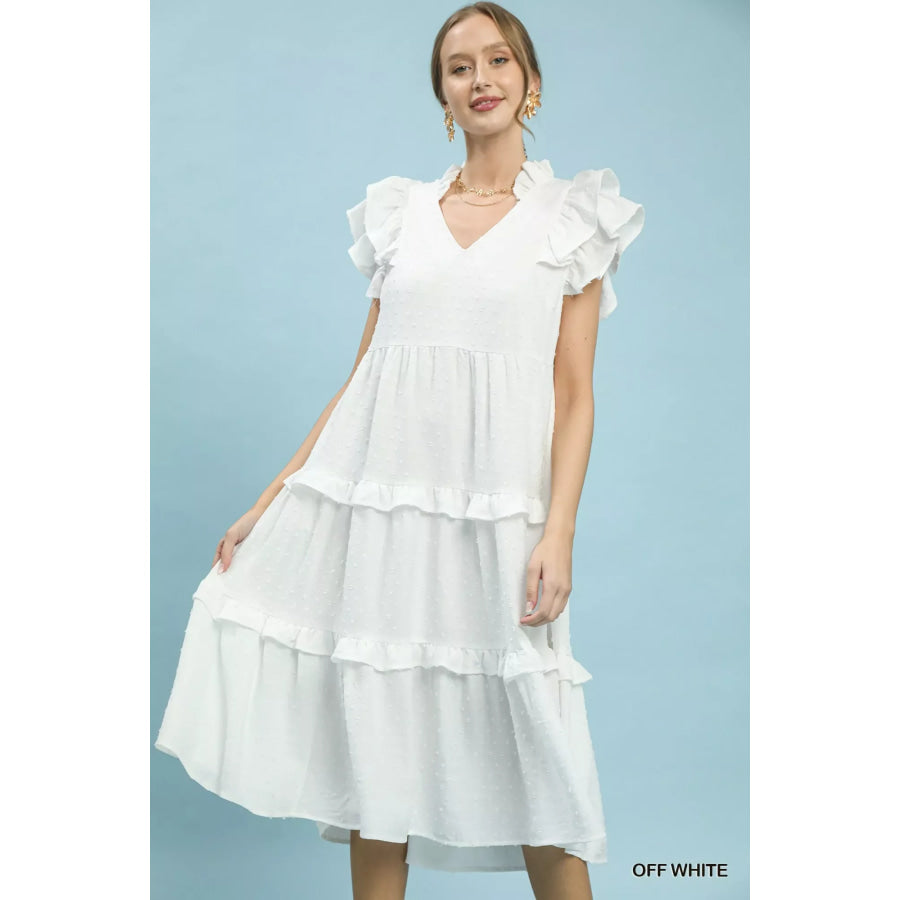 Umgee Textured Ruffle Sleeve Tiered Midi Dress OFF WHITE / S Apparel and Accessories
