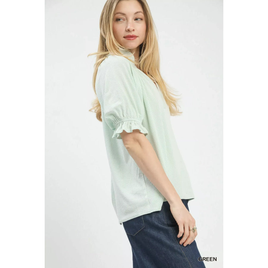 Umgee Textured Ruffle Sleeve V-Neck Top Apparel and Accessories