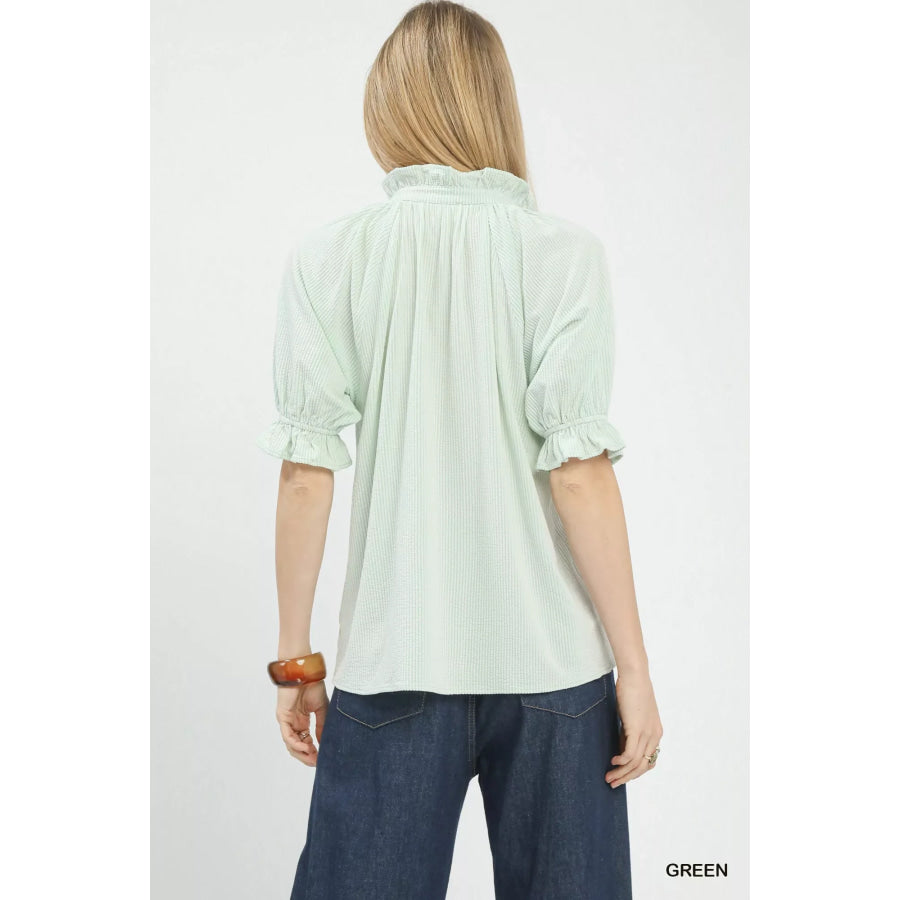 Umgee Textured Ruffle Sleeve V-Neck Top Apparel and Accessories
