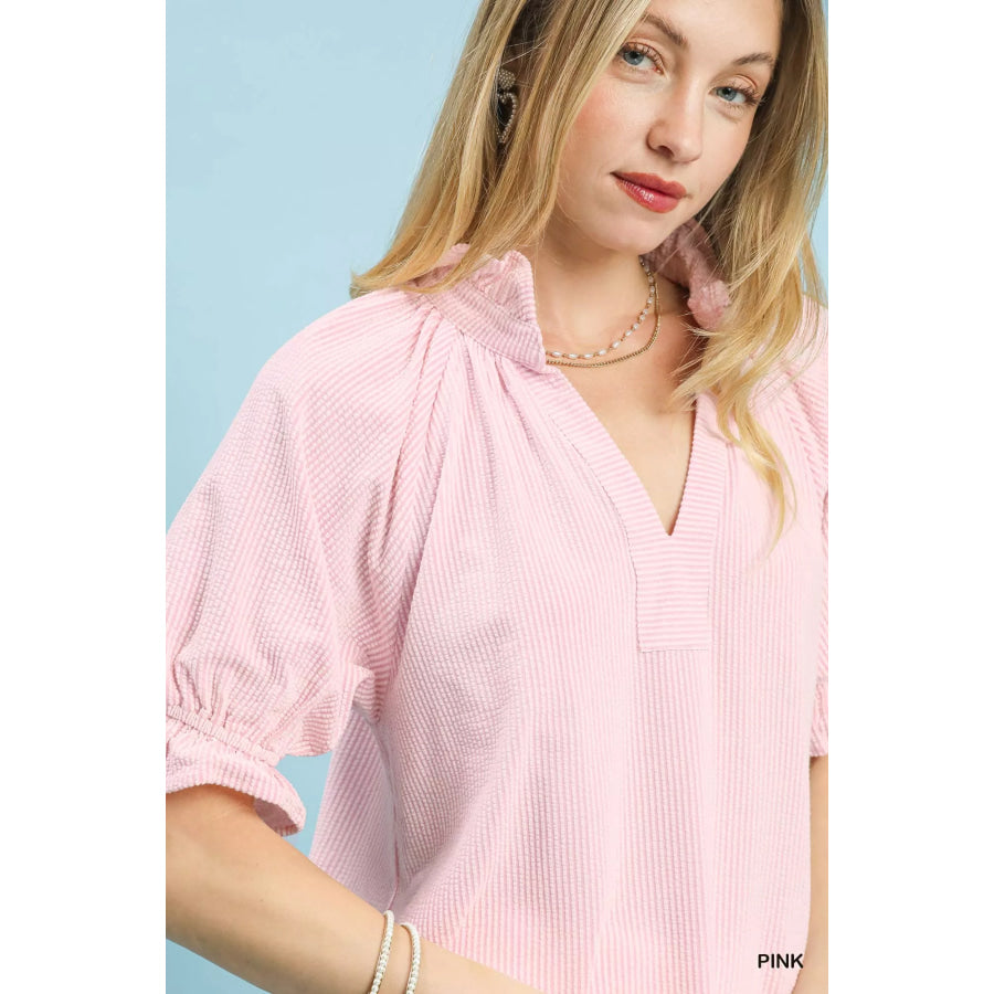 Umgee Textured Ruffle Sleeve V-Neck Top Apparel and Accessories