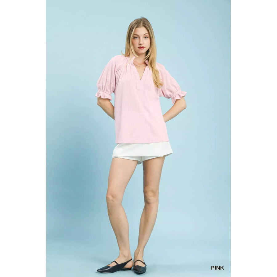 Umgee Textured Ruffle Sleeve V-Neck Top Apparel and Accessories