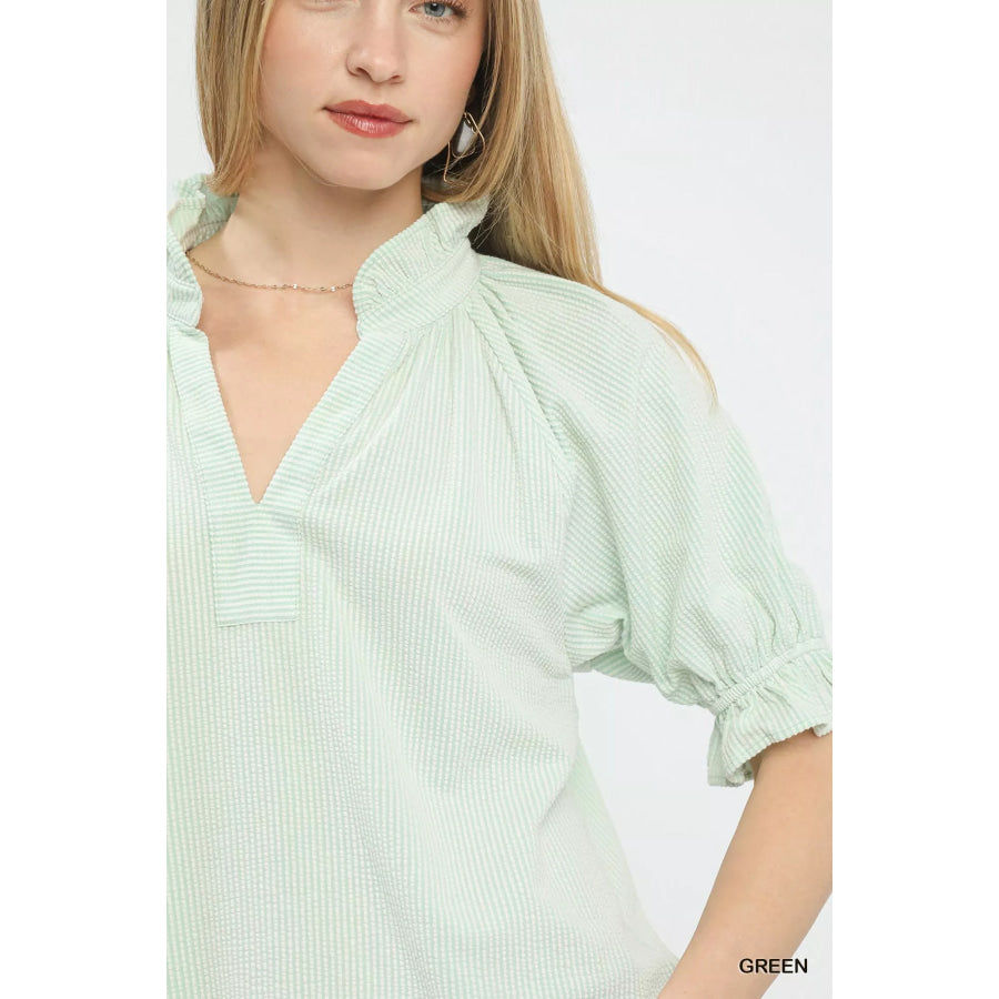 Umgee Textured Ruffle Sleeve V-Neck Top Apparel and Accessories
