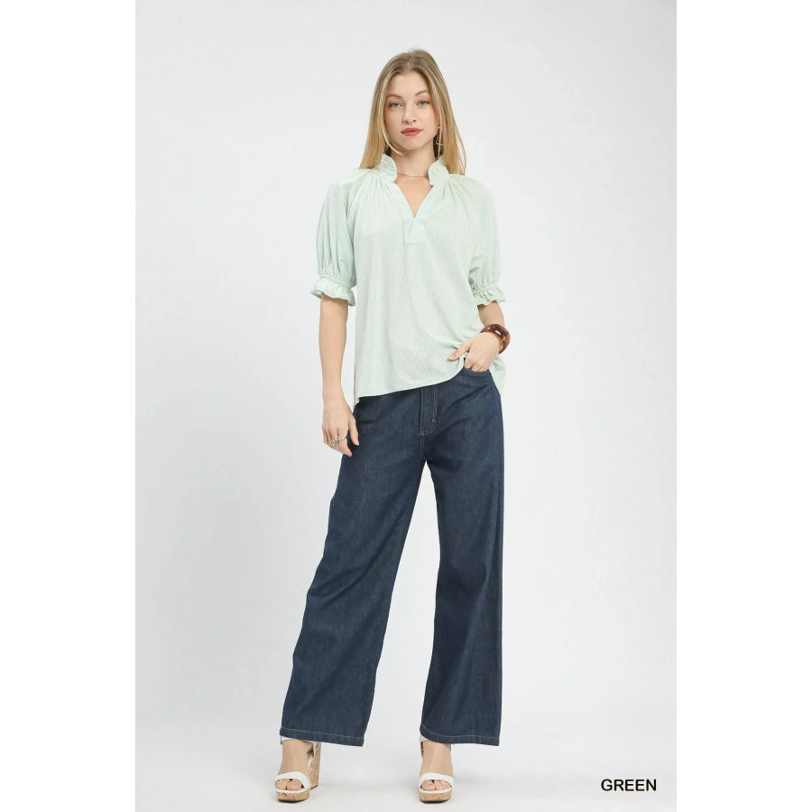 Umgee Textured Ruffle Sleeve V-Neck Top Apparel and Accessories