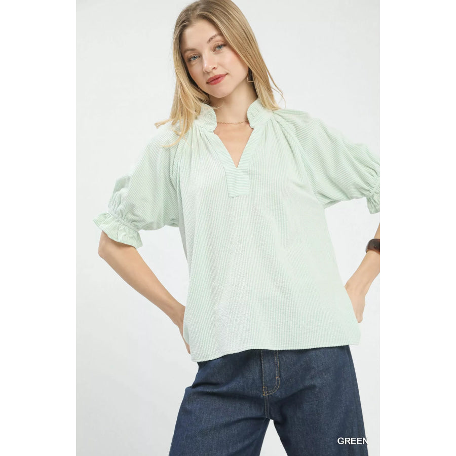 Umgee Textured Ruffle Sleeve V-Neck Top GREEN / S Apparel and Accessories