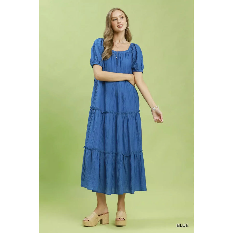 Umgee Textured Tiered Midi Dress BLUE / S Apparel and Accessories