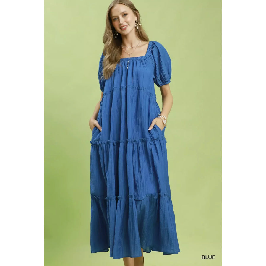 Umgee Textured Tiered Midi Dress BLUE / S Apparel and Accessories