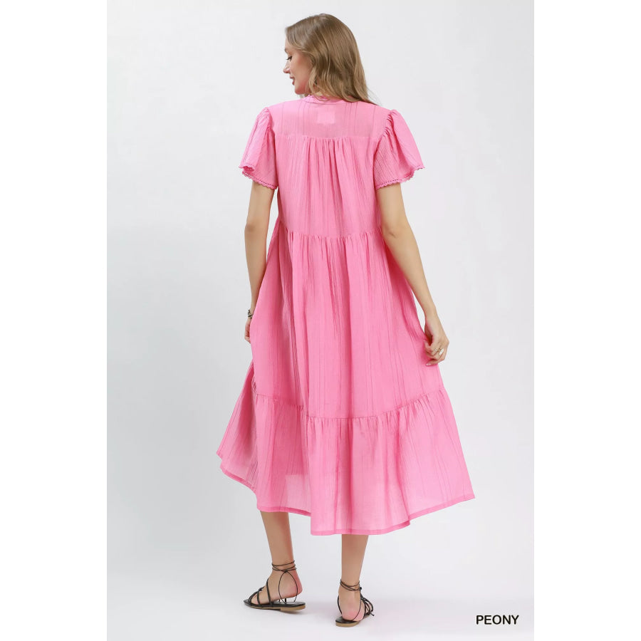 Umgee Textured Tiered Midi Dress with Side Pockets Apparel and Accessories