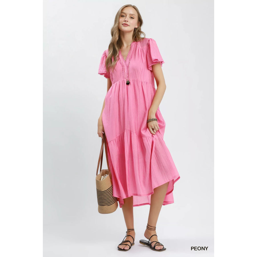 Umgee Textured Tiered Midi Dress with Side Pockets Apparel and Accessories