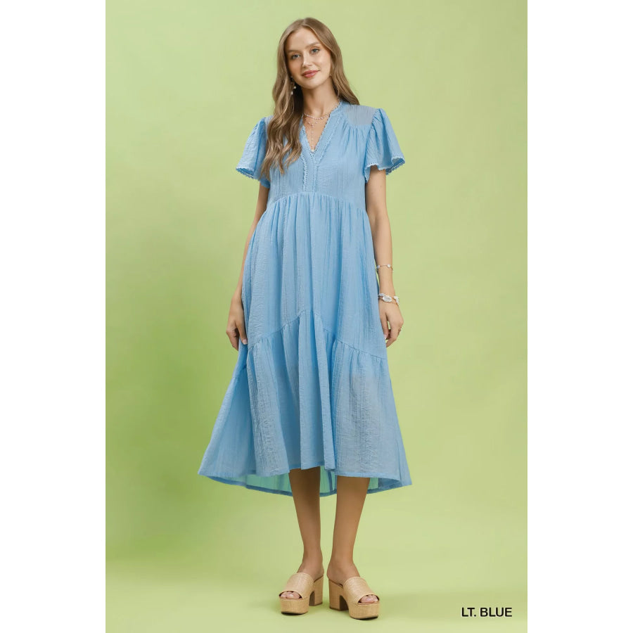 Umgee Textured Tiered Midi Dress with Side Pockets Apparel and Accessories