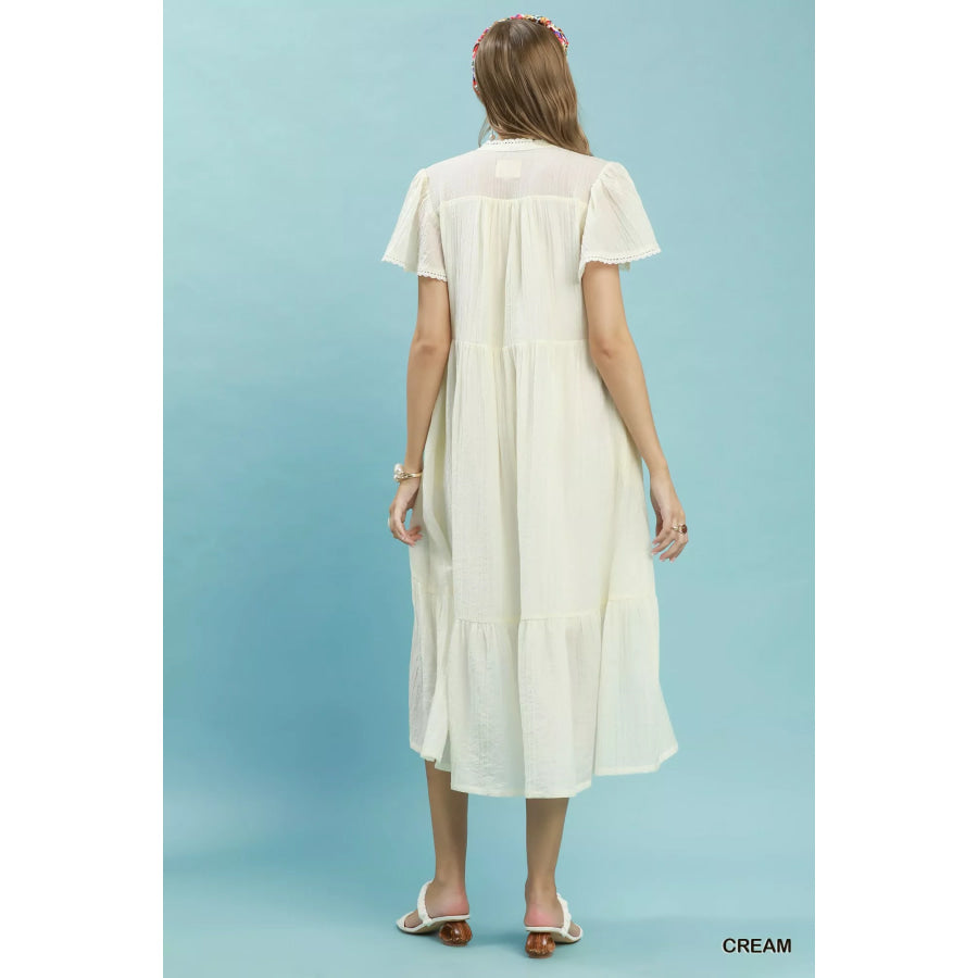 Umgee Textured Tiered Midi Dress with Side Pockets Apparel and Accessories