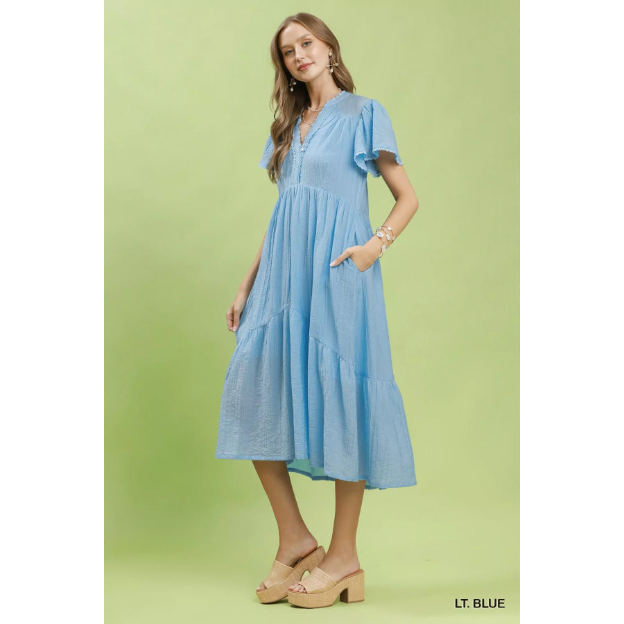 Umgee Textured Tiered Midi Dress with Side Pockets Apparel and Accessories