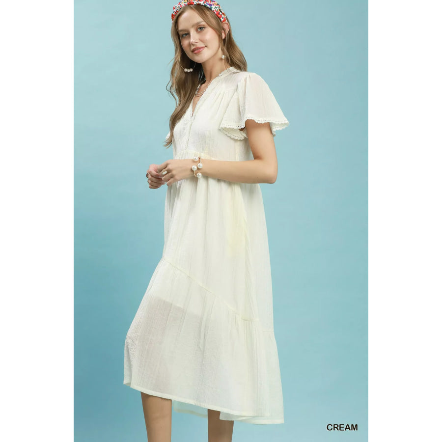 Umgee Textured Tiered Midi Dress with Side Pockets Apparel and Accessories