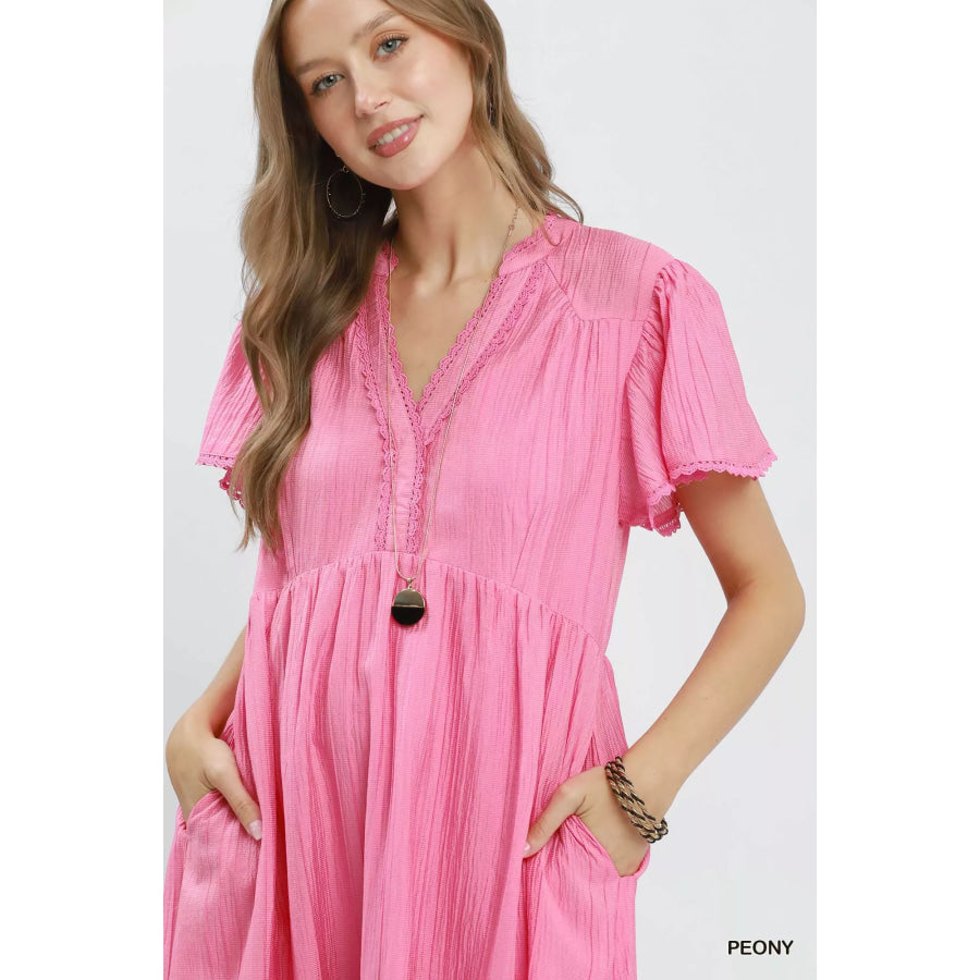 Umgee Textured Tiered Midi Dress with Side Pockets Apparel and Accessories