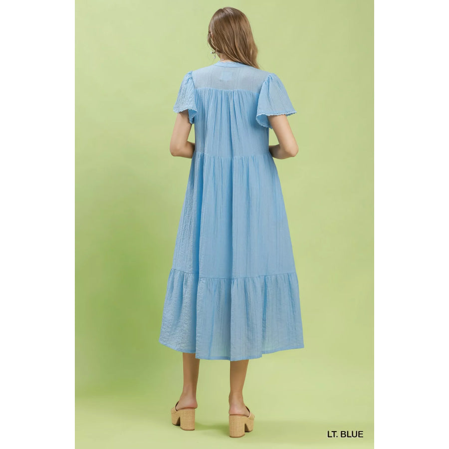 Umgee Textured Tiered Midi Dress with Side Pockets Apparel and Accessories
