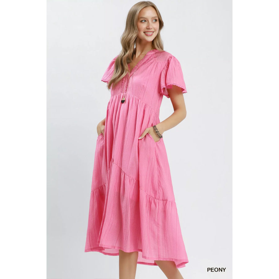 Umgee Textured Tiered Midi Dress with Side Pockets PEONY / S Apparel and Accessories