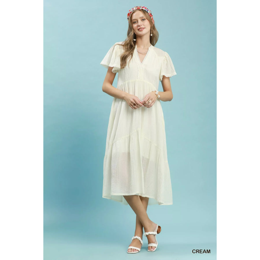Umgee Textured Tiered Midi Dress with Side Pockets Apparel and Accessories