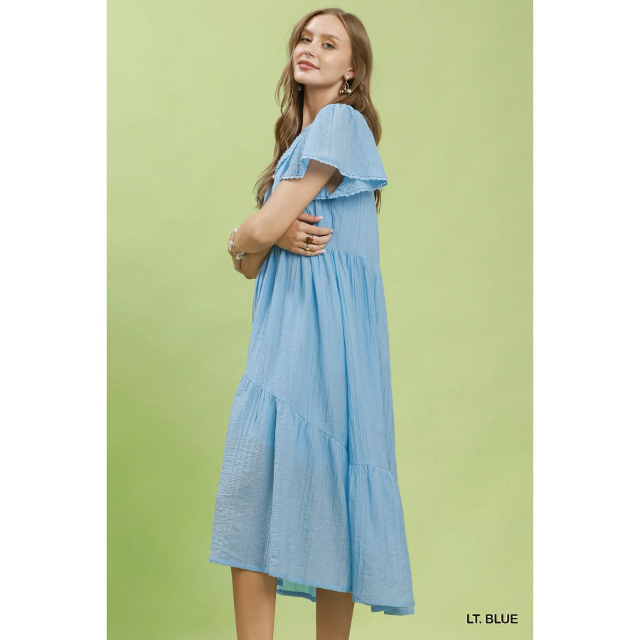 Umgee Textured Tiered Midi Dress with Side Pockets LT. BLUE / S Apparel and Accessories