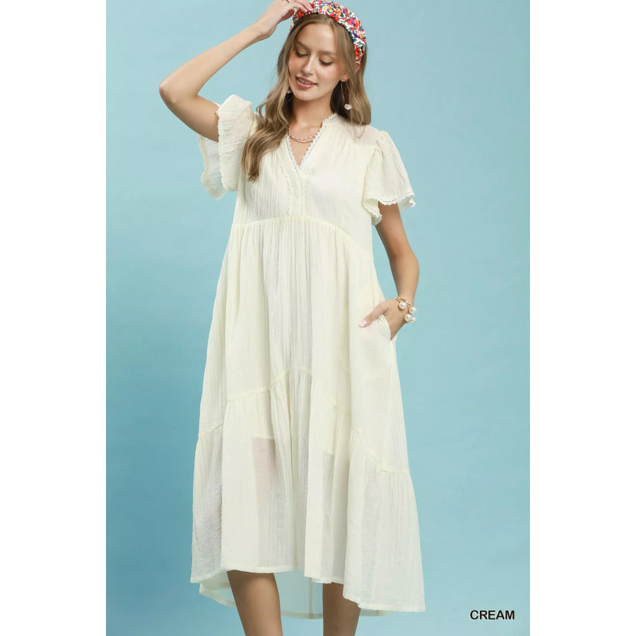 Umgee Textured Tiered Midi Dress with Side Pockets CREAM / S Apparel and Accessories
