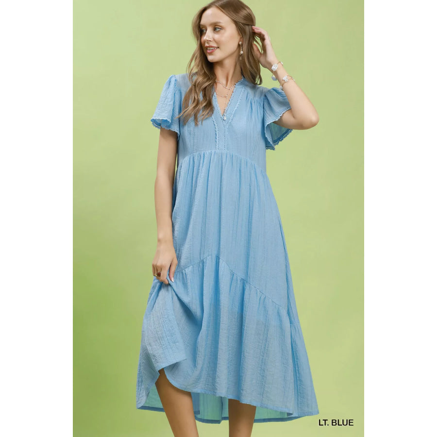 Umgee Textured Tiered Midi Dress with Side Pockets LT. BLUE / S Apparel and Accessories