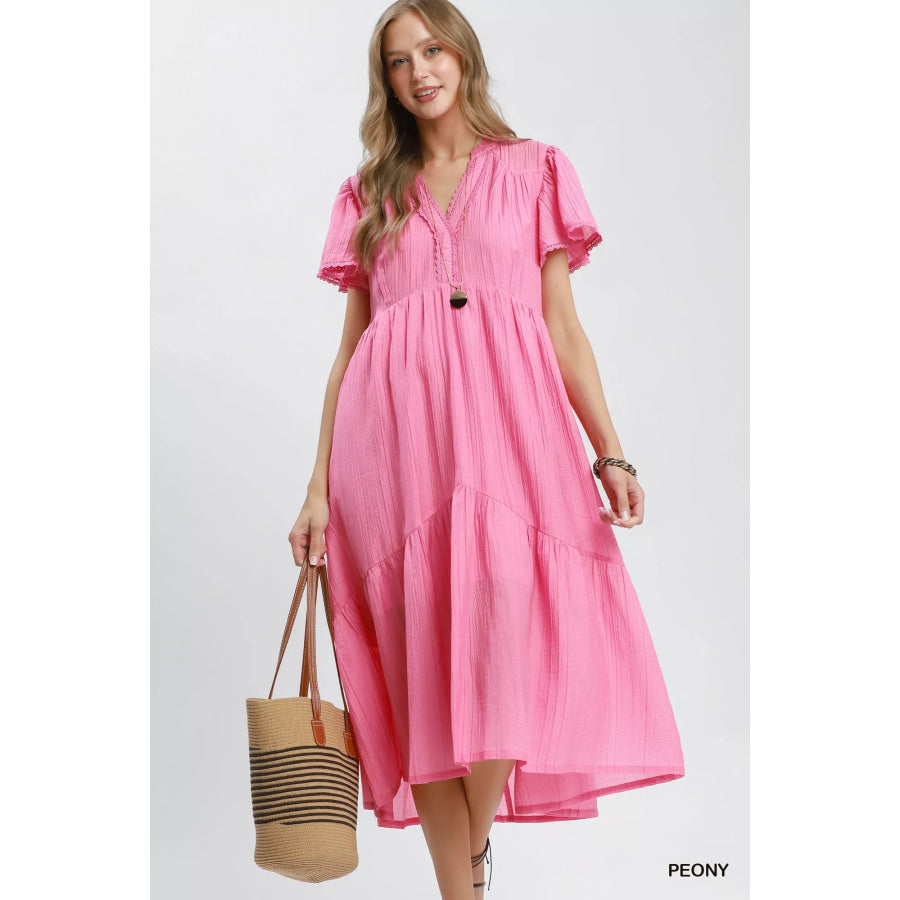 Umgee Textured Tiered Midi Dress with Side Pockets PEONY / S Apparel and Accessories
