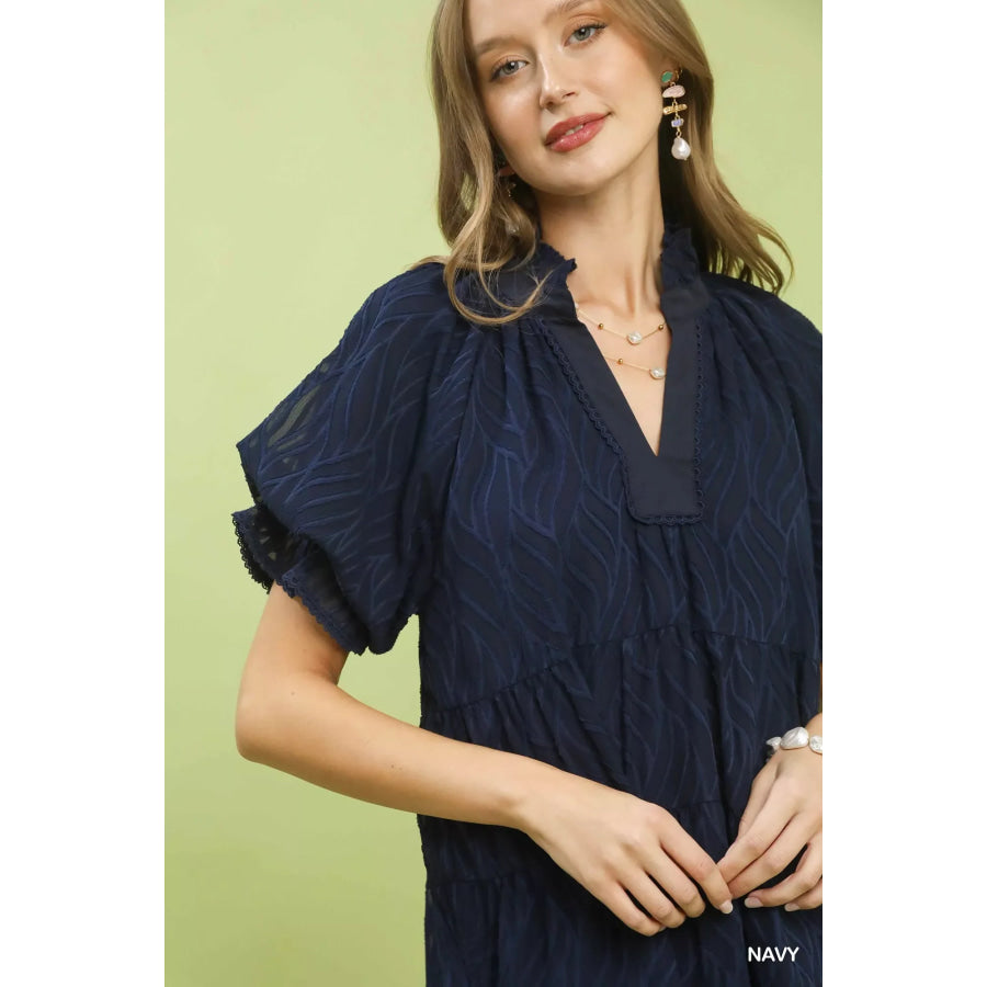 Umgee Textured Tiered Ruffle Collar Mini Dress Apparel and Accessories