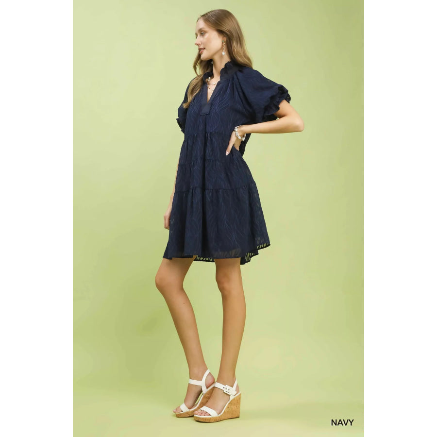 Umgee Textured Tiered Ruffle Collar Mini Dress Apparel and Accessories