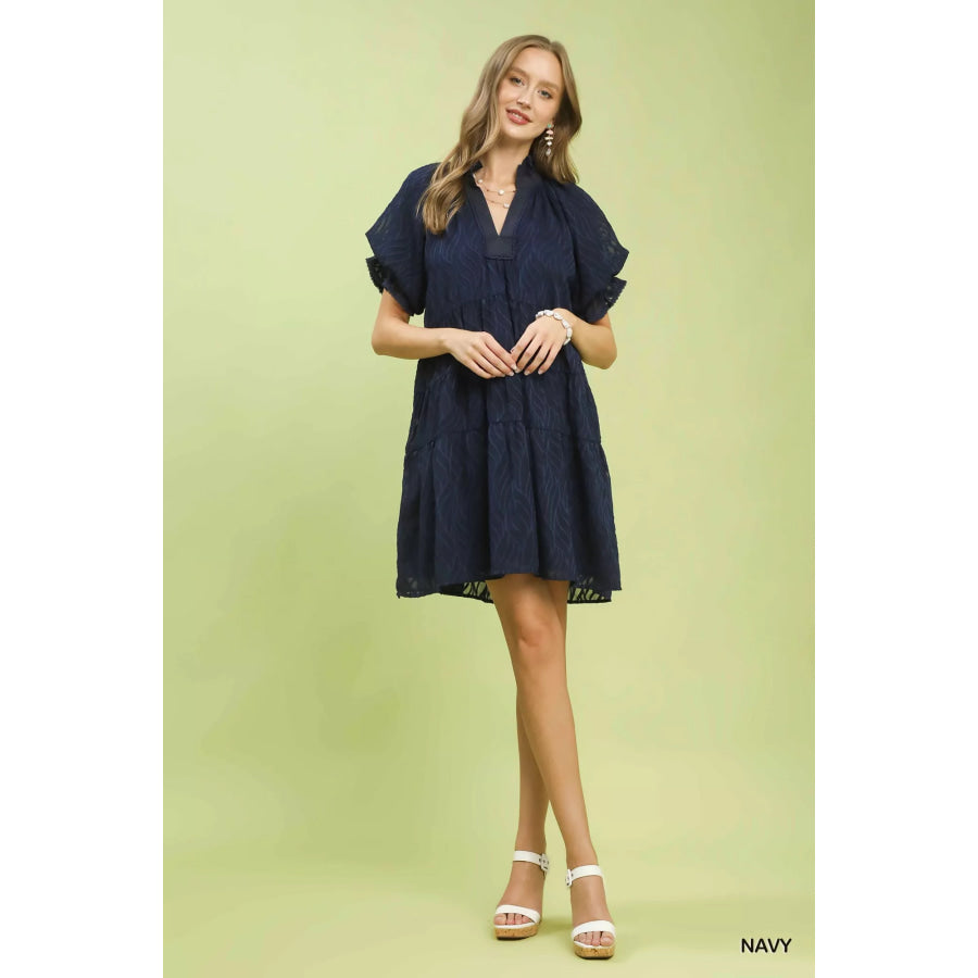 Umgee Textured Tiered Ruffle Collar Mini Dress NAVY / S Apparel and Accessories