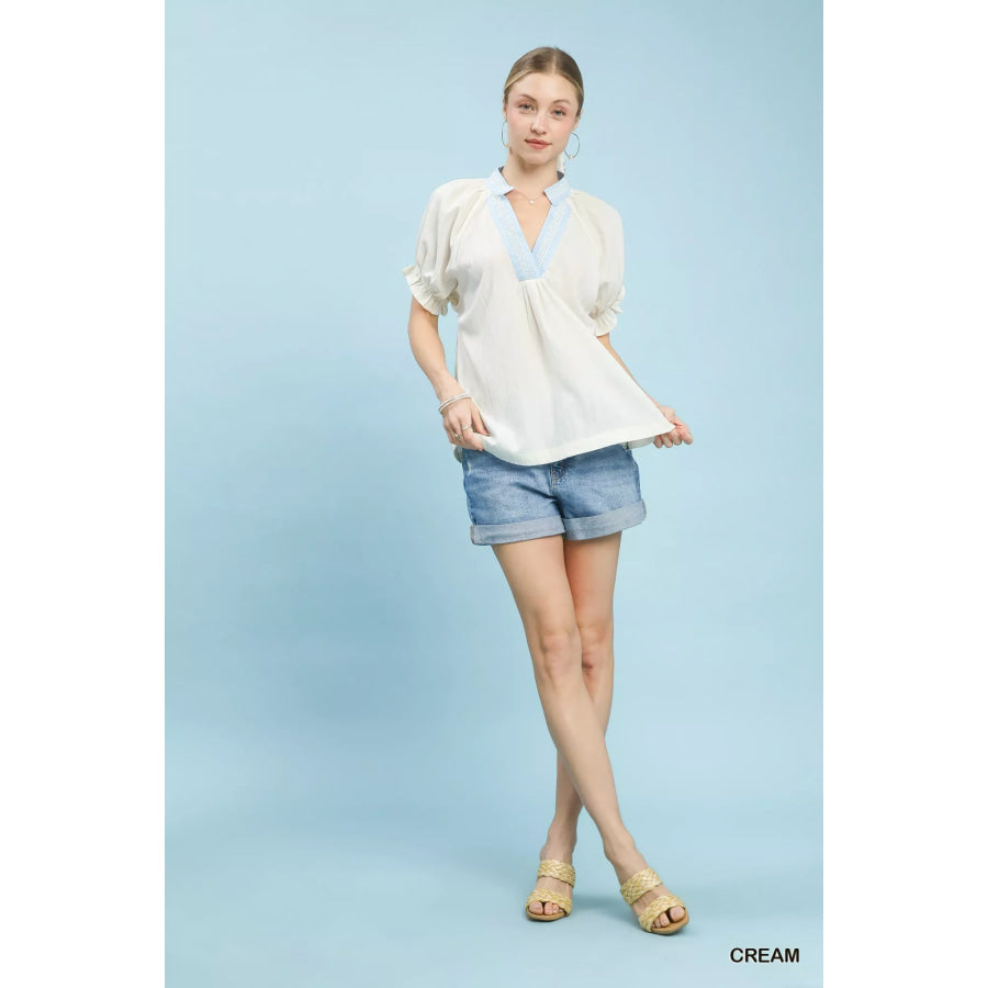 Umgee Textured V-Neck Top with Lace Trim Details Apparel and Accessories