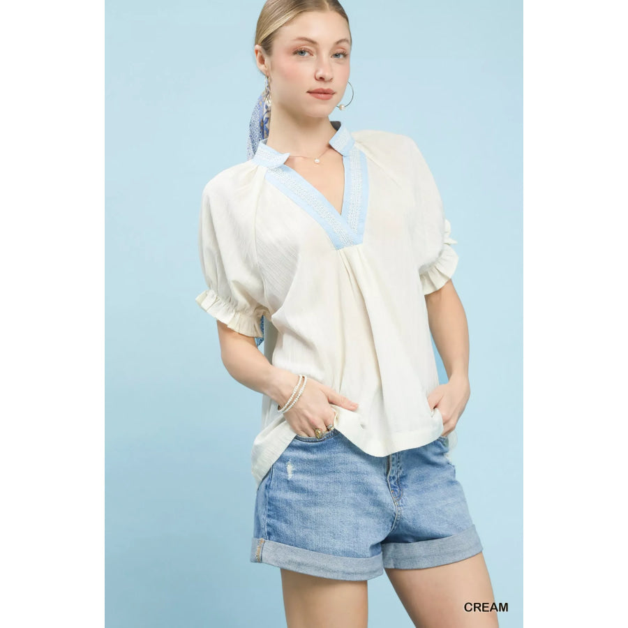 Umgee Textured V-Neck Top with Lace Trim Details Apparel and Accessories