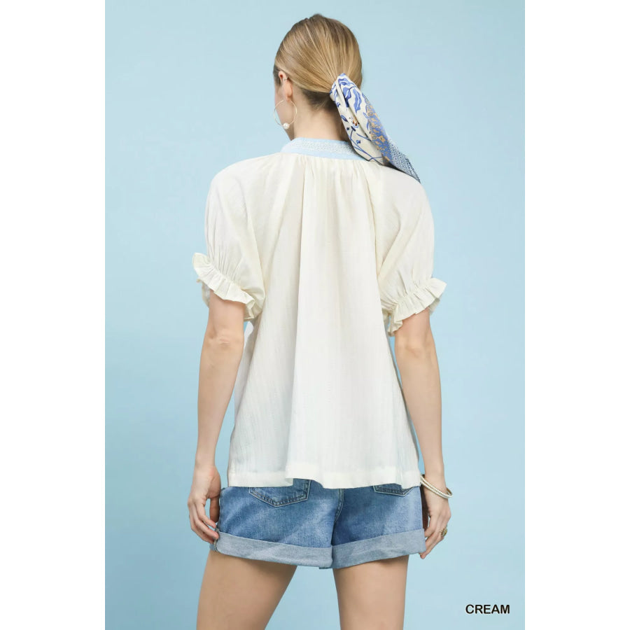Umgee Textured V-Neck Top with Lace Trim Details Apparel and Accessories