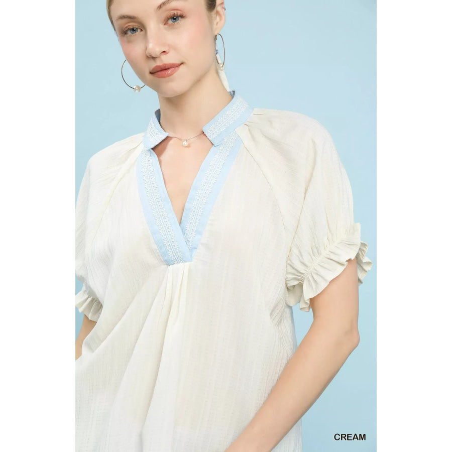 Umgee Textured V-Neck Top with Lace Trim Details Apparel and Accessories