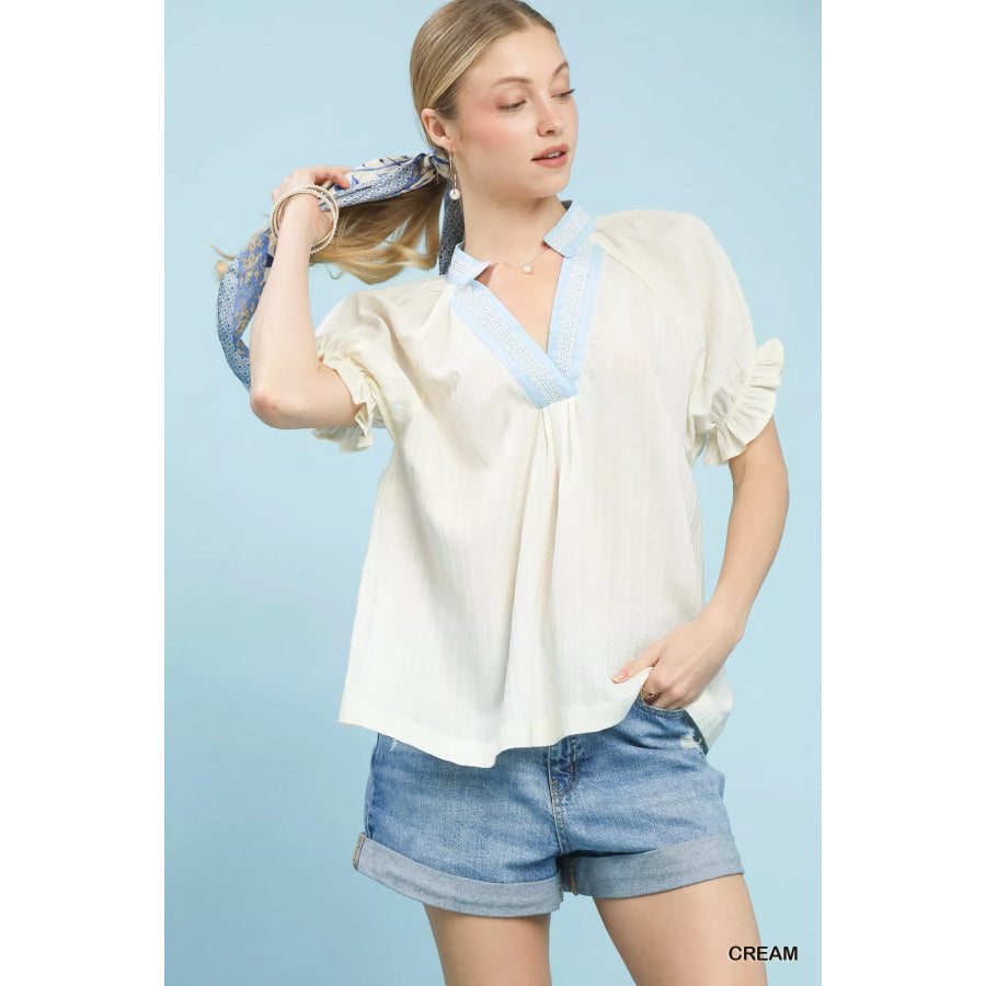 Umgee Textured V-Neck Top with Lace Trim Details CREAM / S Apparel and Accessories