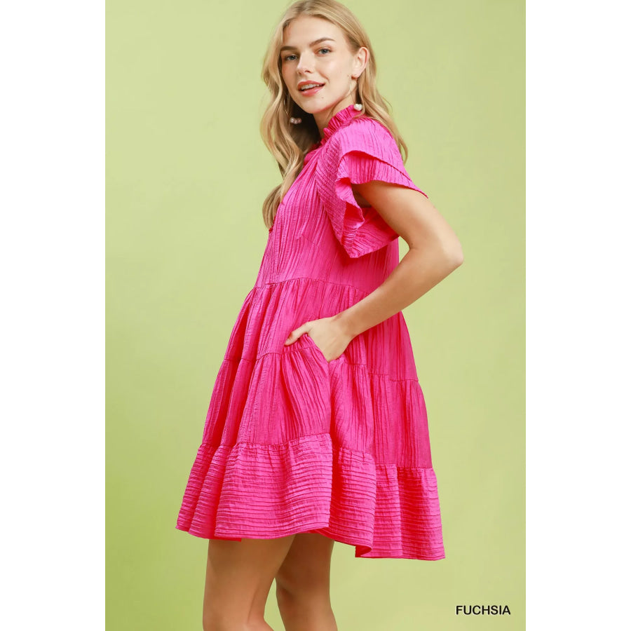 Umgee Tiered Ruffle Sleeve Textured Mini Dress FUCHSIA / S Apparel and Accessories