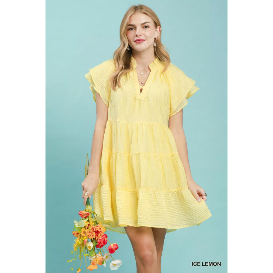 Umgee Tiered Ruffle Sleeve Textured Mini Dress ICE LEMON / S Apparel and Accessories