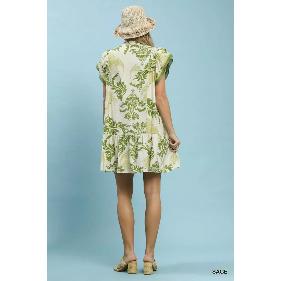 Umgee Toile Print Button-Front Placket Mini Dress with Dropped Ruffle Hem Apparel and Accessories