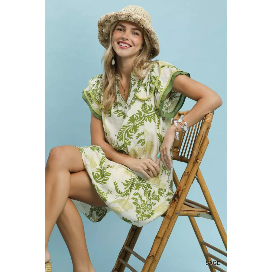 Umgee Toile Print Button-Front Placket Mini Dress with Dropped Ruffle Hem Apparel and Accessories